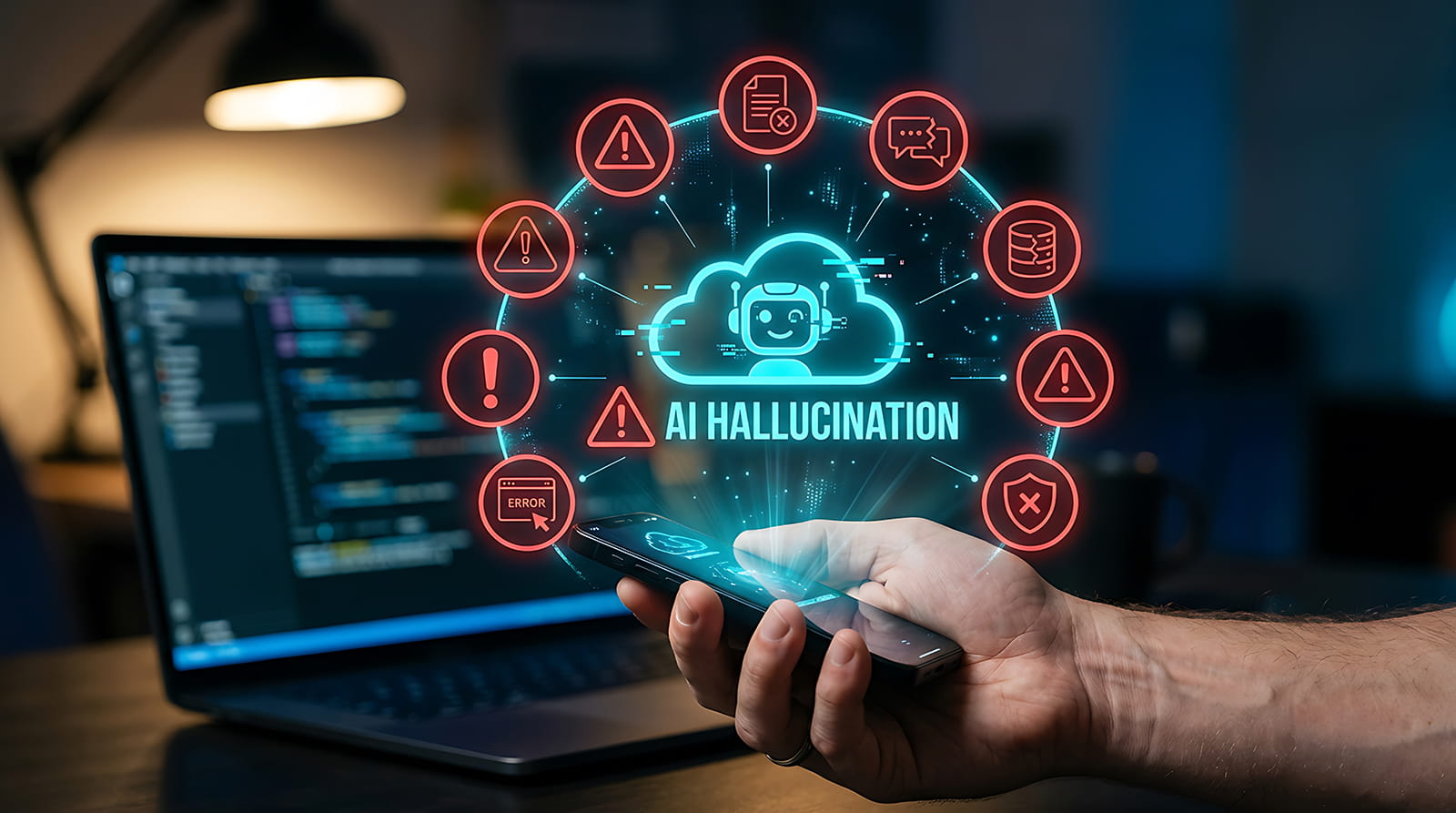 Hand holding smartphone with AI Hallucination digital interface surrounded by warning icons over a blurred background of a laptop with code.