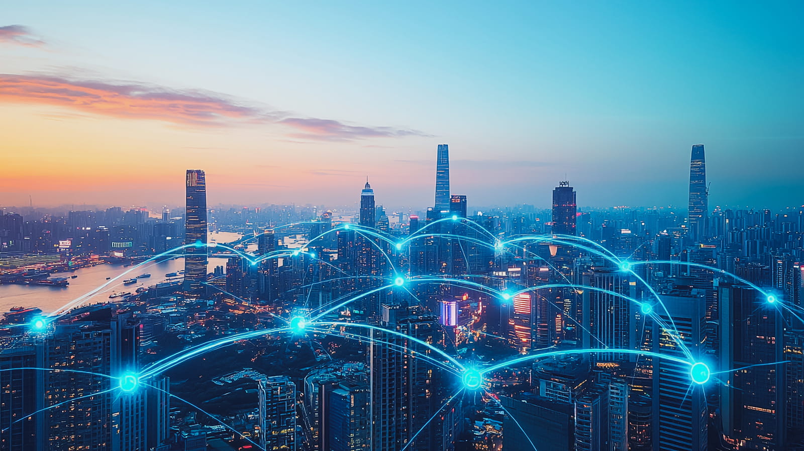 Smart digital Innovation city with connection network reciprocity over the cityscape. 