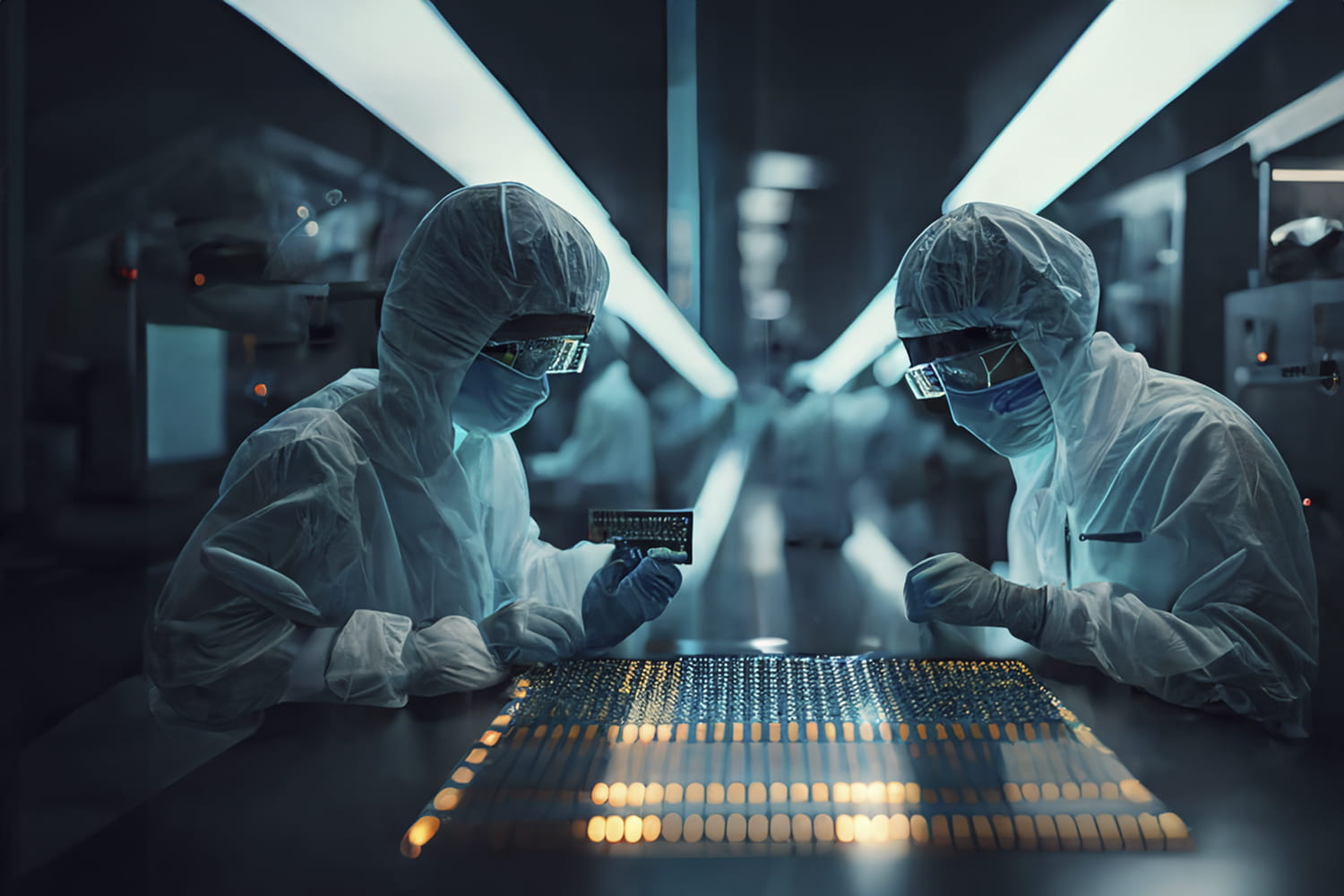 Engineers working on electronic components in high-tech setting