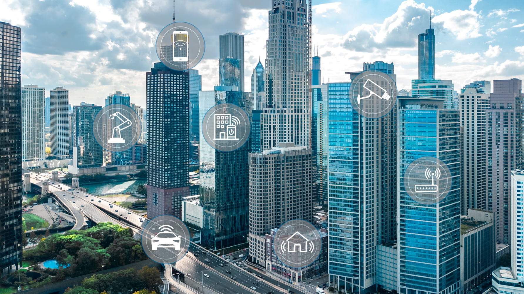 City landscape image with art components illustrating the connectivity technology