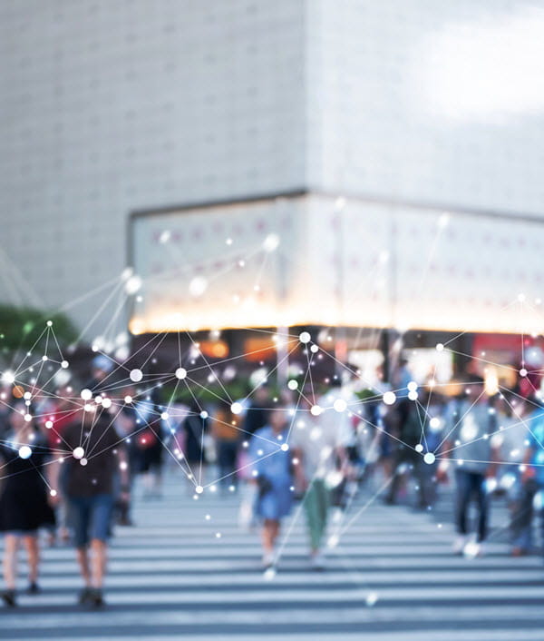 Street people walking in the city with wireless connection concept